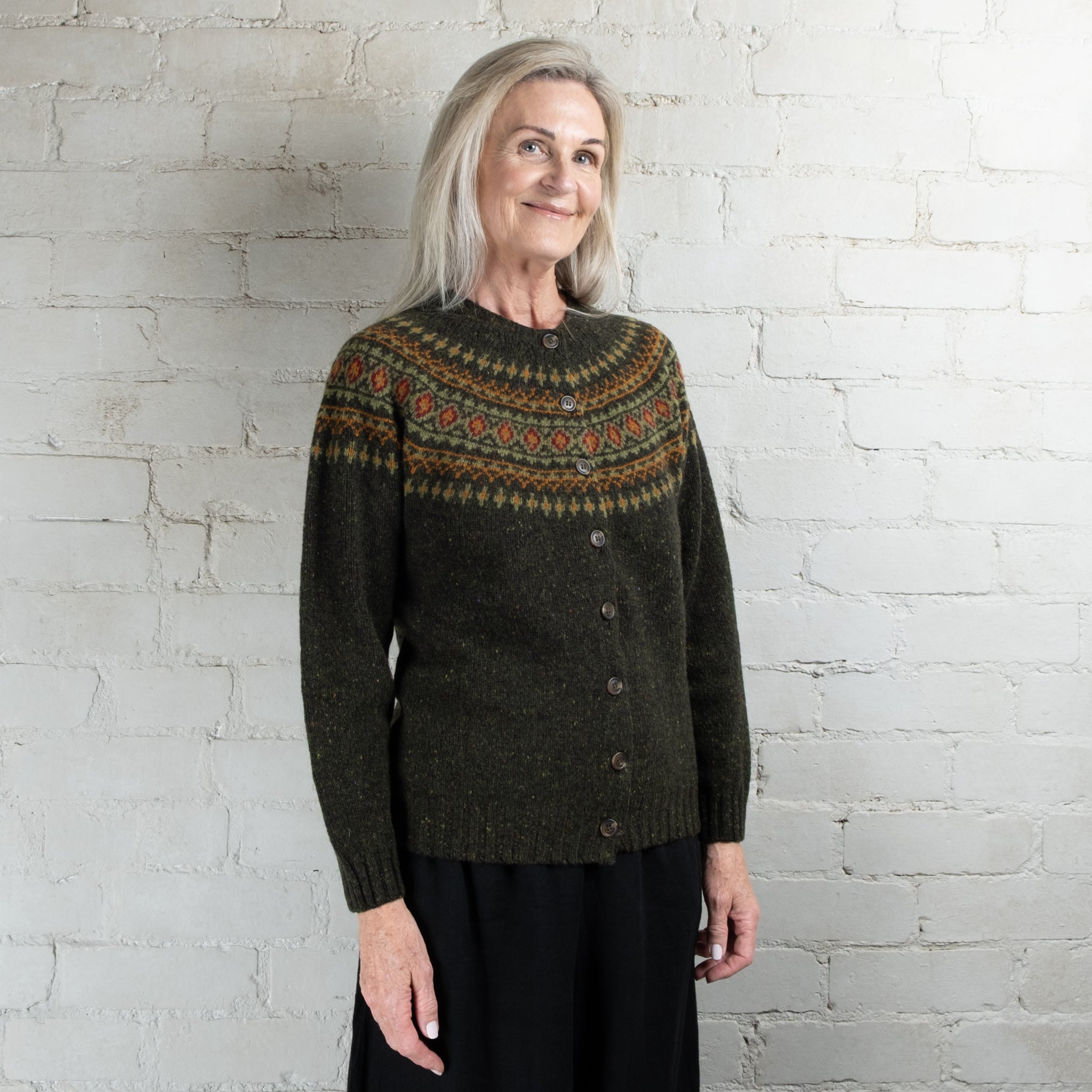 Harley of Scotland Harris Green Fairisle Yoke HB Wool Cardigan