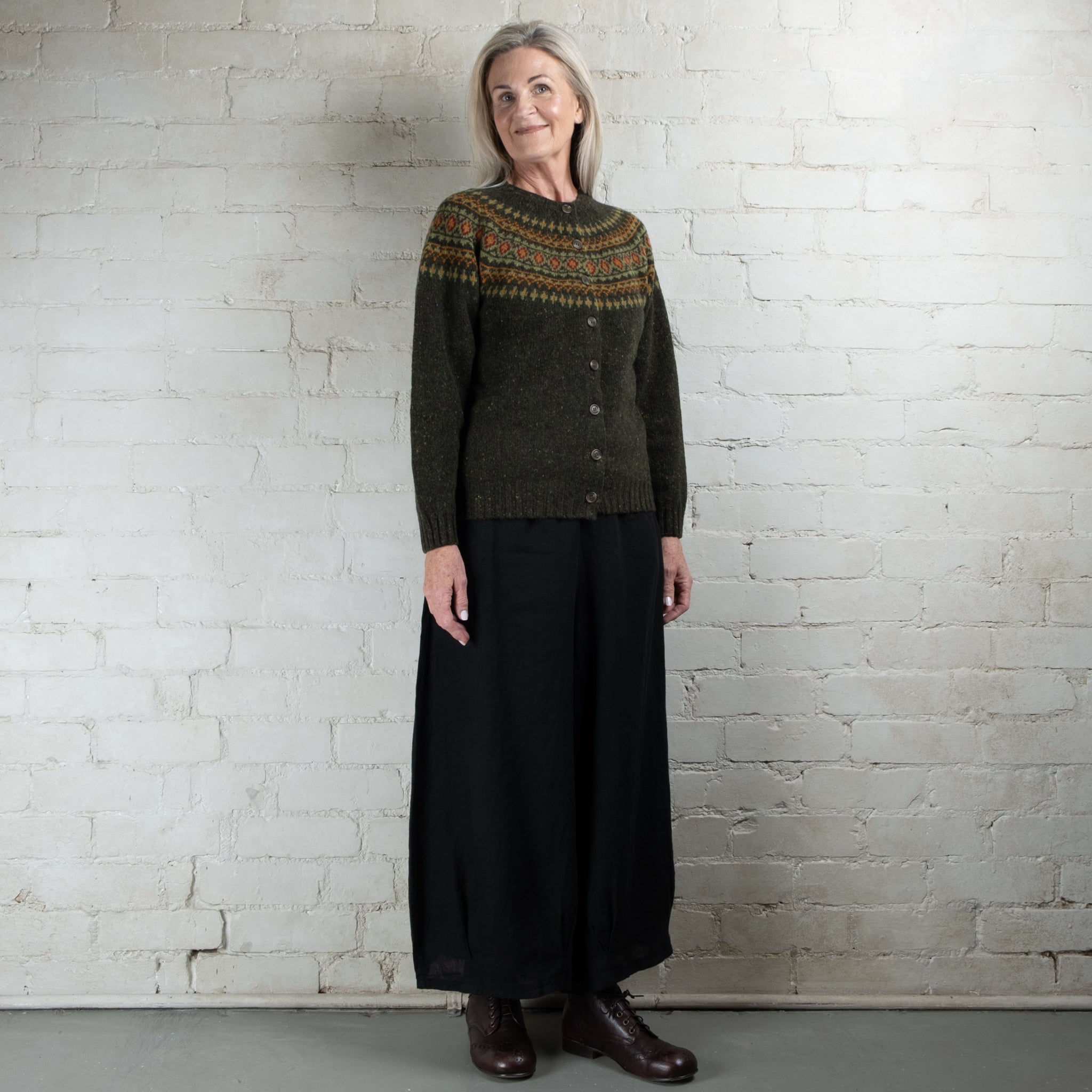 Harley of Scotland Harris Green Fairisle Yoke HB Wool Cardigan