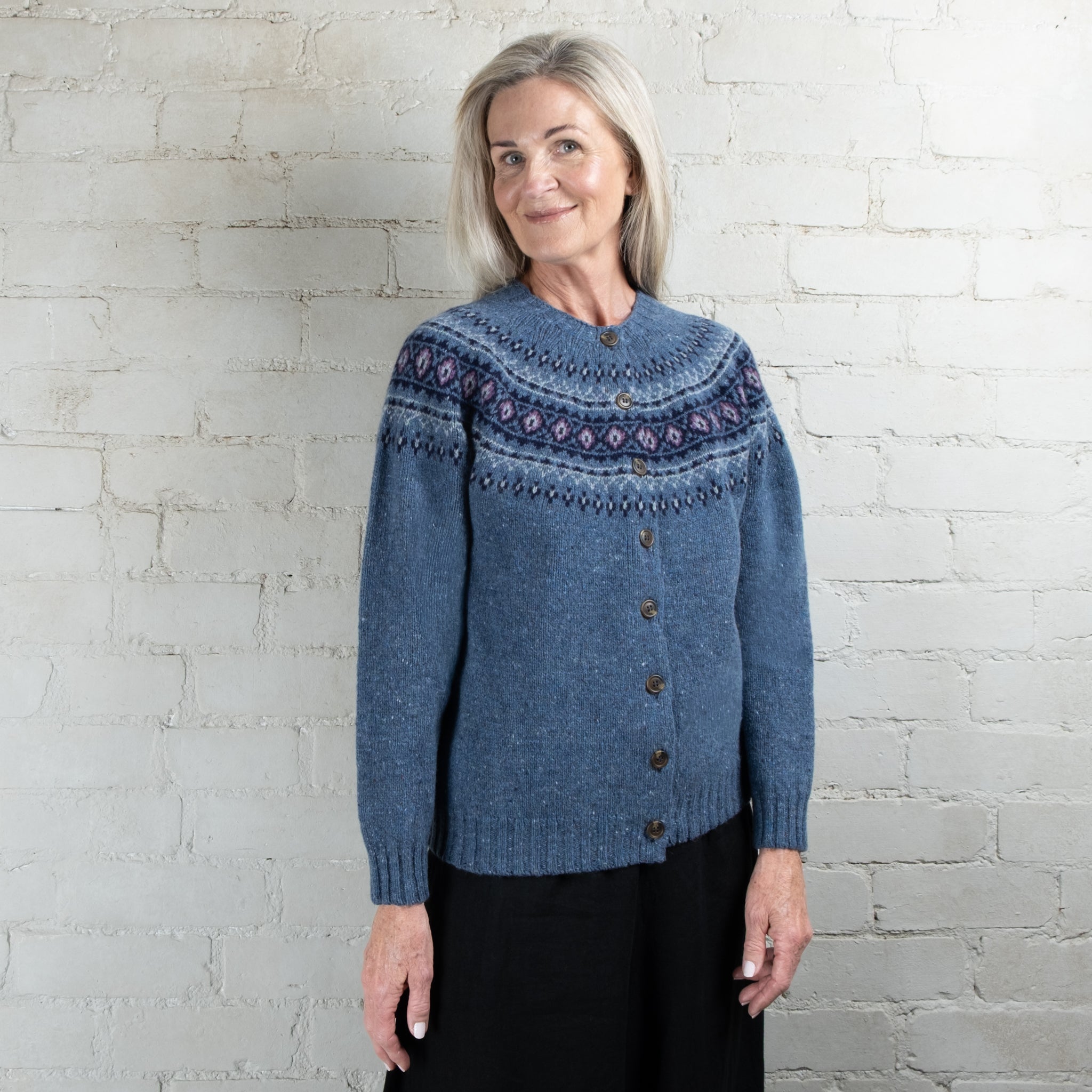 Harley of Scotland Ossian Blue Fairisle Yoke HB Wool Cardigan