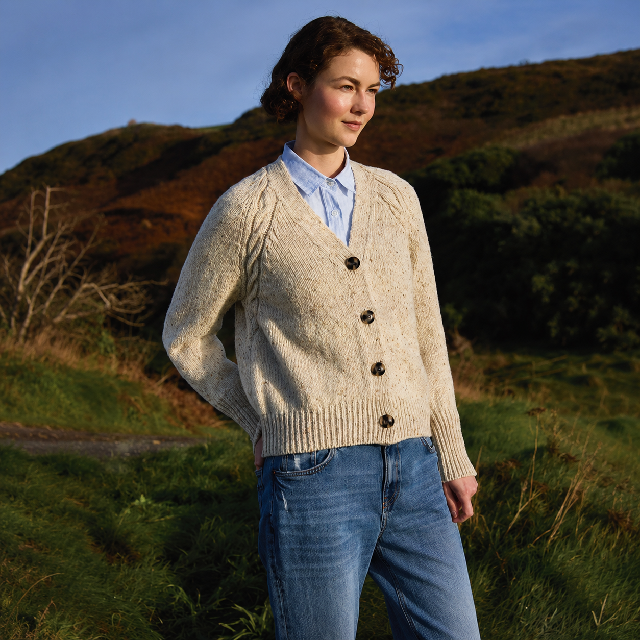 Fisherman Out of Ireland Slouchy Donegal Knit Raglan Cable Detail Cardi