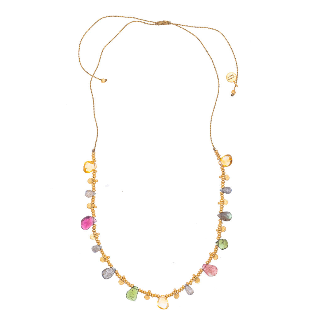 Rubyteva Tourmaline & Citrine Gold Charm Necklace on Silk Thread