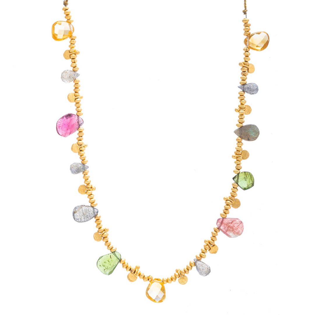 Rubyteva Tourmaline & Citrine Gold Charm Necklace on Silk Thread