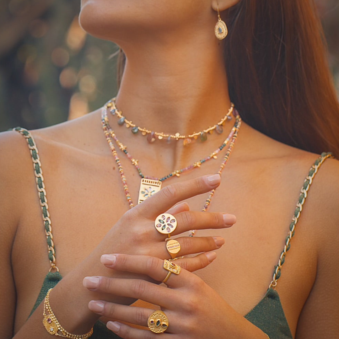 Rubyteva Tourmaline & Citrine Gold Charm Necklace on Silk Thread