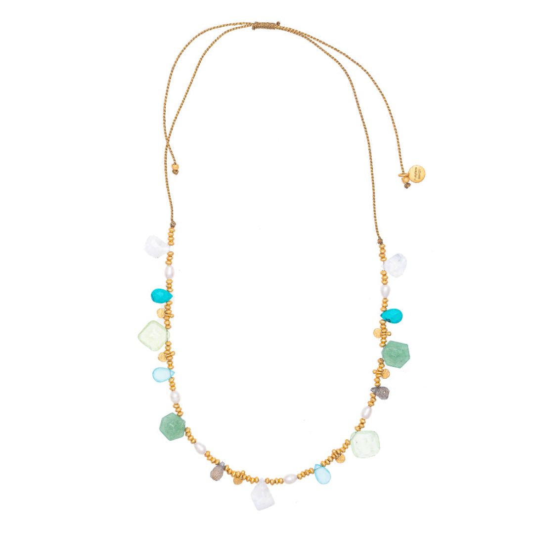 Rubyteva Moonstone, Aventurine, Turquoise & Pearl Gold Charm Necklace on Silk Thread