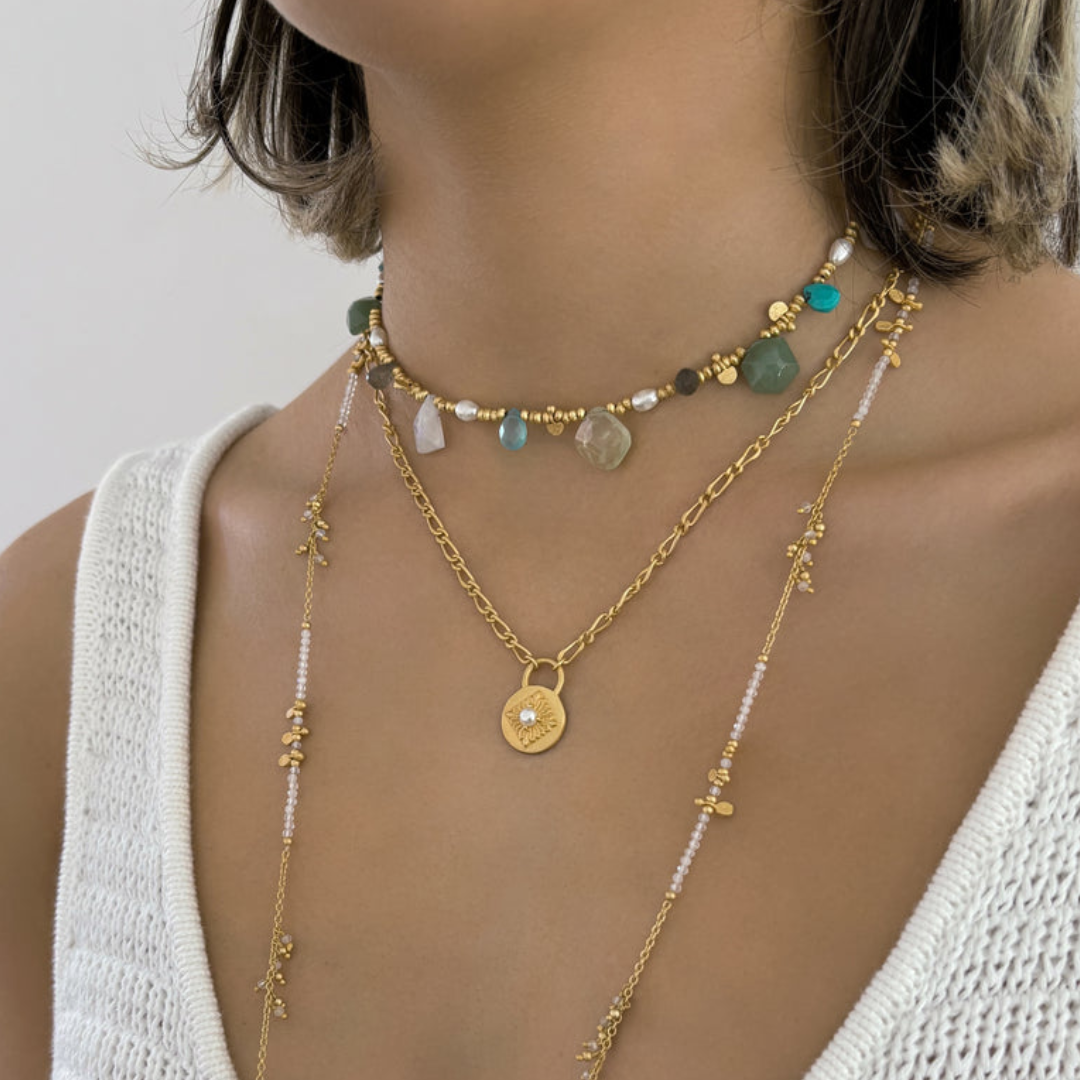 Rubyteva Moonstone, Aventurine, Turquoise & Pearl Gold Charm Necklace on Silk Thread