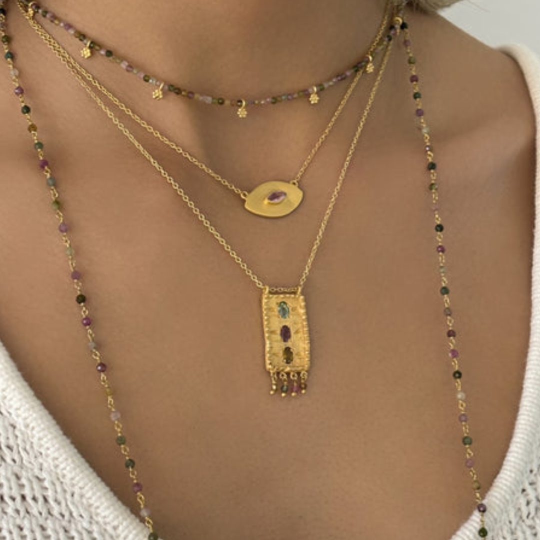 Rubyteva Multi Tourmaline Beaded Necklace with Flower Charms