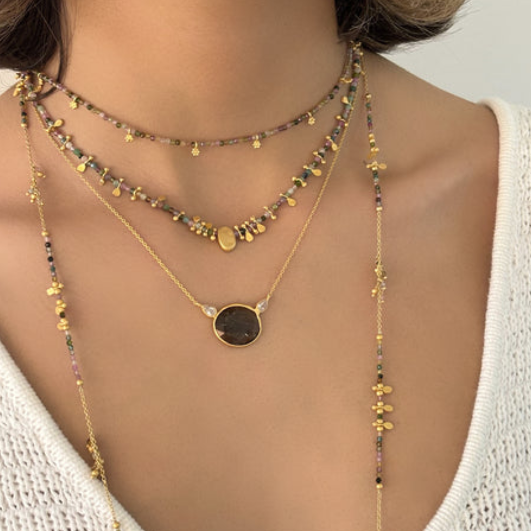 Rubyteva Multi Tourmaline Beaded Necklace with Flower Charms