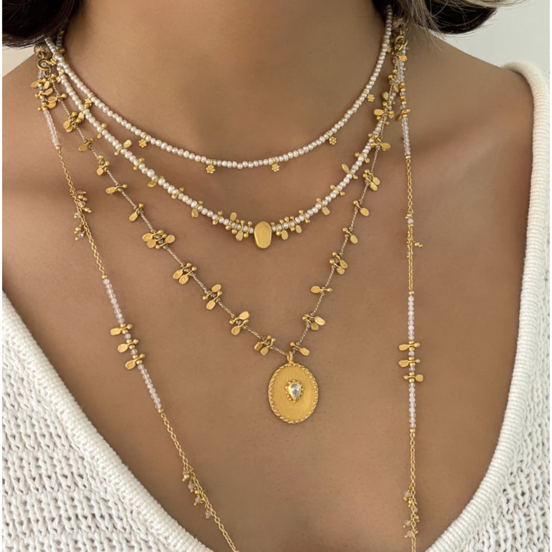 Rubyteva Pearl Beaded Necklace with Flower Charms