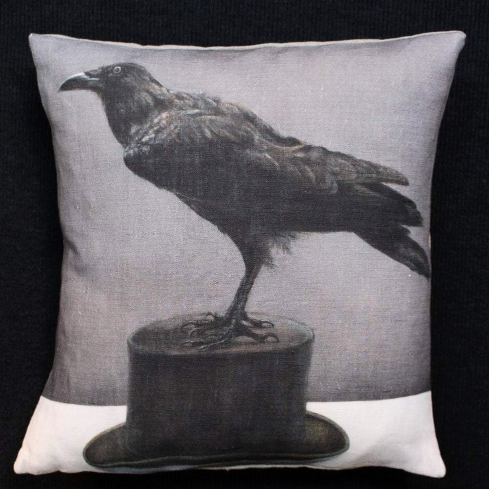 Anita Mertzlin Raven On A Hat Linen Cushion