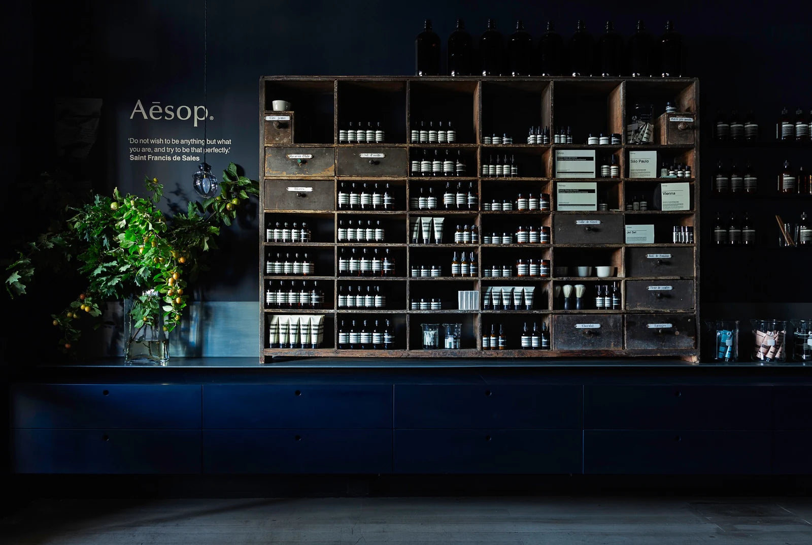 Aesop displayed in antique apothecary shelving at Manteau Noir