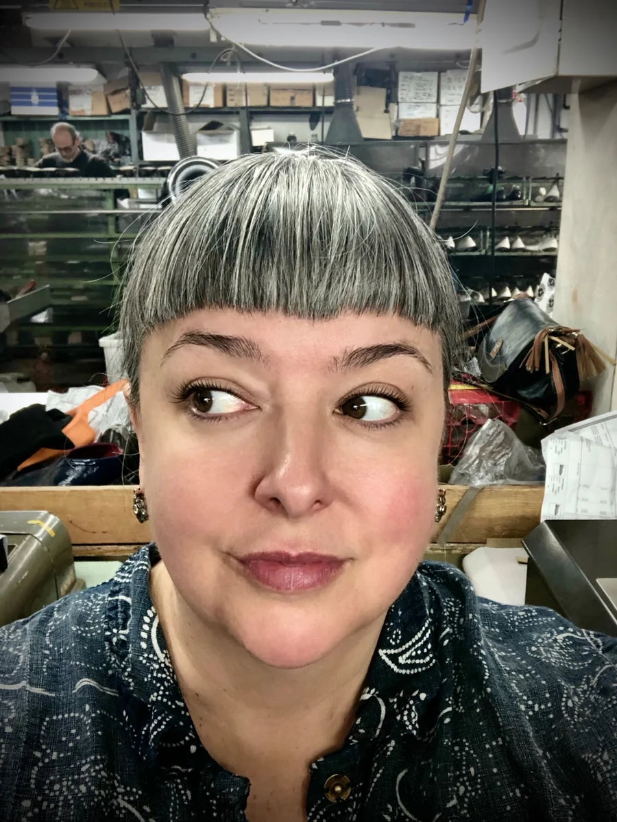 Victoria Varrasso at an artisan shoemakers’ workshop in the Marche, Italy